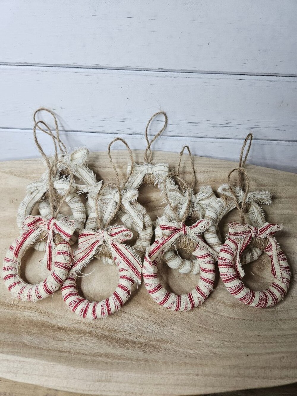 Primitive Farmhouse Rag Ticking Fabric wrapped Doughnut Wood Holiday set of 6